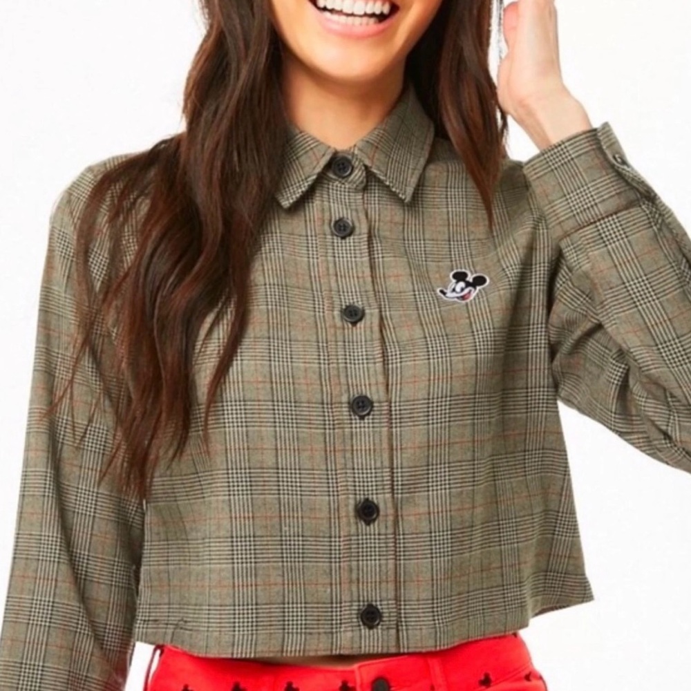 Disney Forever 21 Mickey Mouse Cropped Shirt Womens S Plaid Button Up